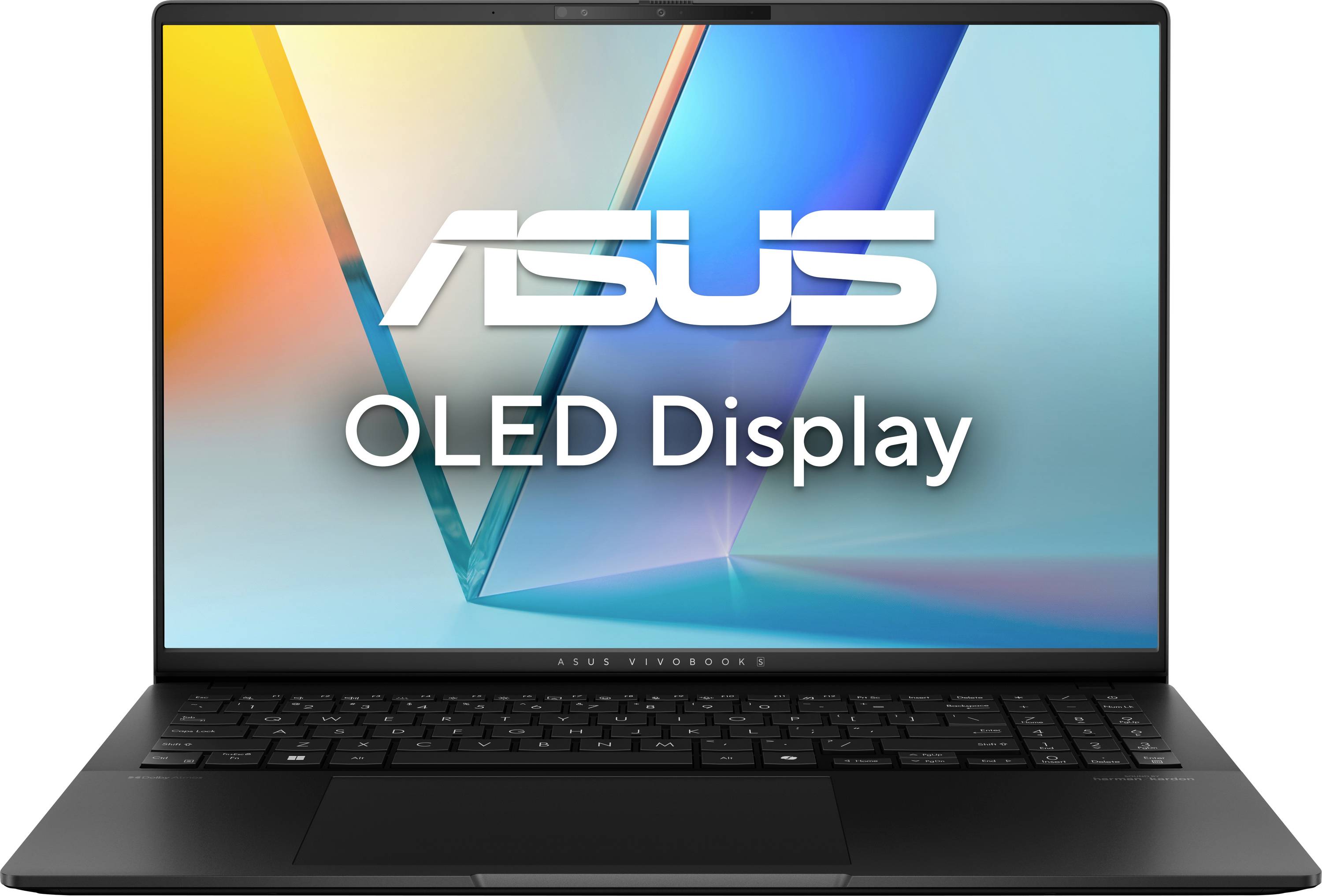 Laptop mit farbenfrohem Displaybildschirm, auf dem der Text "ASUS OLED Display" zu sehen ist, mit schwarzer Tastatur und schlanken Bildschirmrändern.