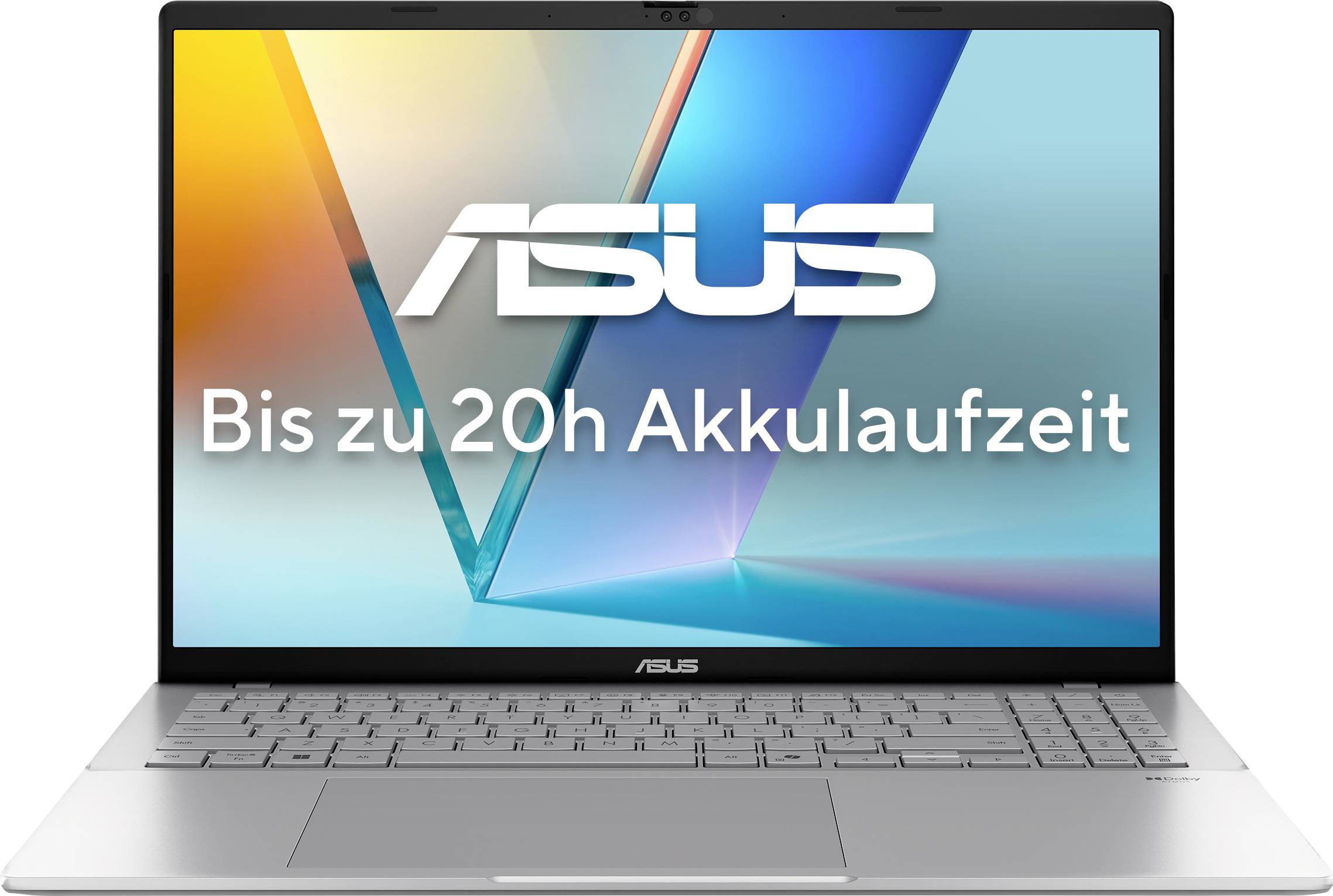Laptop-Display zeigt geometrischen bunten Hintergrund mit Text 'Bis zu 20h Akkulaufzeit'.