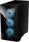 Ein schwarzer Computer-Tower mit drei beleuchteten blauen Lüftern, die durch ein transparentes Frontpanel sichtbar sind, mit einem Logo an der Oberseite.