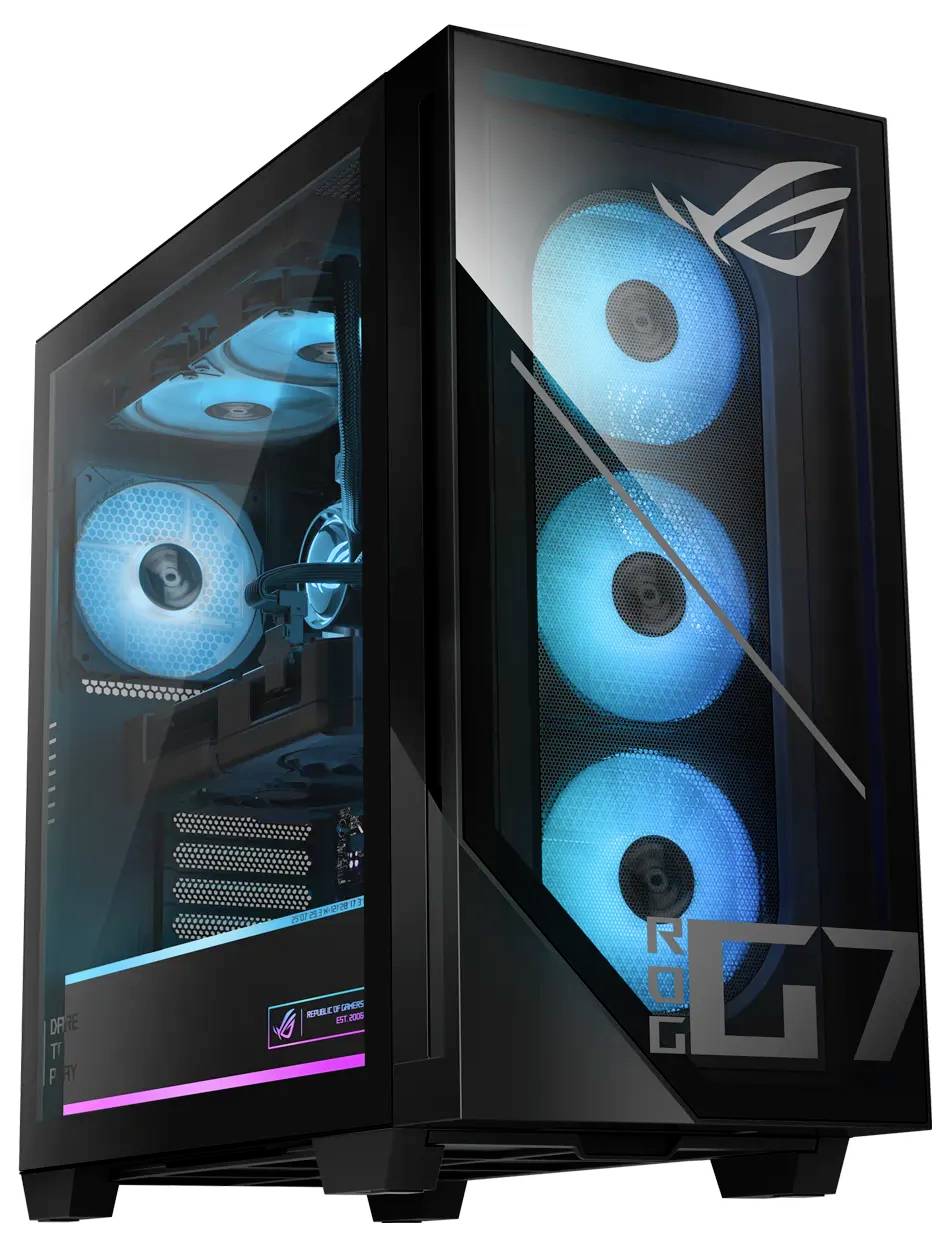 Ein Gaming-PC-Gehäuse mit einer transparenten Seitenscheibe, das Innenkomponenten und blaue LED-Kühlventilatoren präsentiert. Das Gehäuse verfügt über ein beleuchtetes Logo.