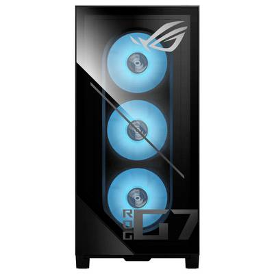 Ein schwarzes Computergehäuse mit drei leuchtend blauen Lüftern auf dem Frontpanel, versehen mit einem großen ROG-Logo und der Zahl '07' in fetter Schrift.