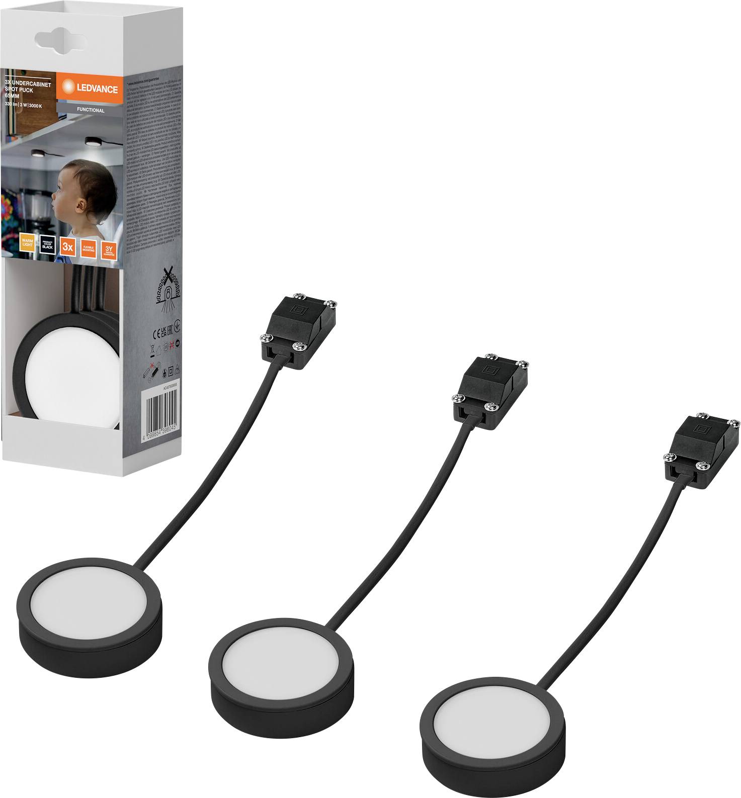 Drei schwarze LED-Puckleuchten mit Kabeln und Steckverbindern, neben der Produktverpackung auf weißem Hintergrund gezeigt.