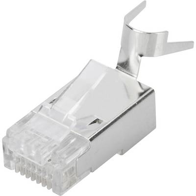 Ein silberner Metall-RJ45-Stecker mit flexiblem Verriegelungsmechanismus, der für Netzwerkkabel verwendet wird, vor einem weißen Hintergrund.
