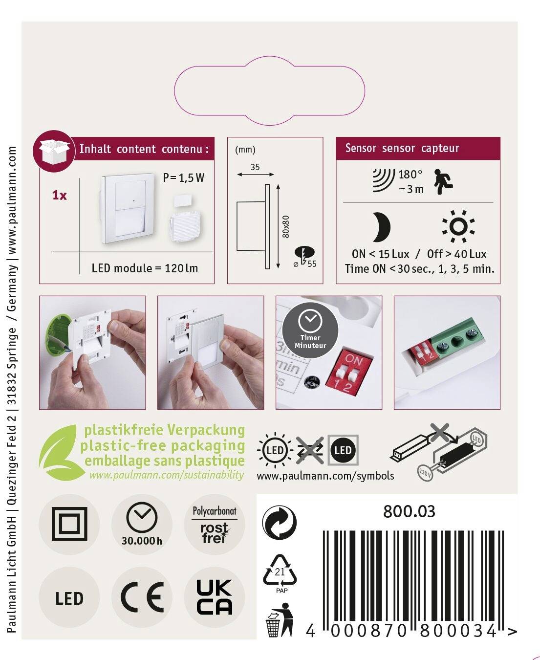 Paulmann 80003 Tsaro eckig 80x36mm 1W 80lm 230V 2700K Wandeinbauleuchte LED 1 W Chrom (matt)-9