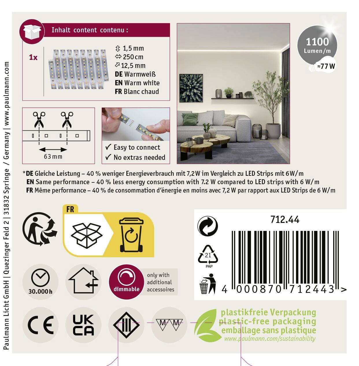 Die Abbildung zeigt eine Produktverpackung für dimmbare LED-Streifen. Sie hebt die Energieeffizienz, warmes weißes Licht und eine plastikfreie Verpackung hervor.