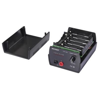 „VOLTCRAFT CSR-3000 Stromversorgung", mit mehreren Batteriefächern und Spannungsreglungsknopf, mit entfernter Abdeckung.