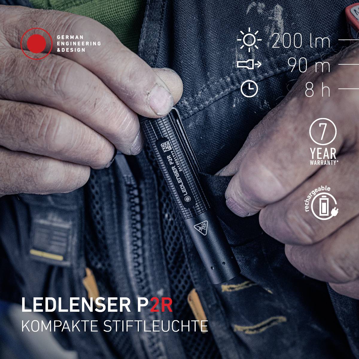 Eine Person hält eine Ledlenser P2R Taschenlampe. Text auf dem Bild enthält: 200 lm, 90 m, 8 h, 7 Jahre Garantie.