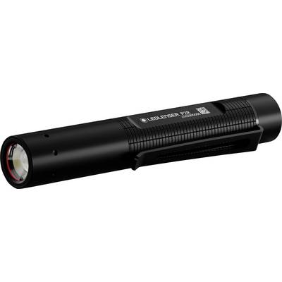 Eine schwarze LED-Taschenlampe mit strukturiertem Griff und Gürtelclip, beschriftet mit 'LEDLENSER P7R'.