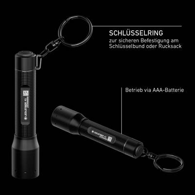 Eine schwarze Mini-Taschenlampe mit Schlüsselring und der Beschreibung: 'Schlüsselring zur sicheren Befestigung am Schlüsselbund oder Rucksack. Betrieb via AAA-Batterie.'