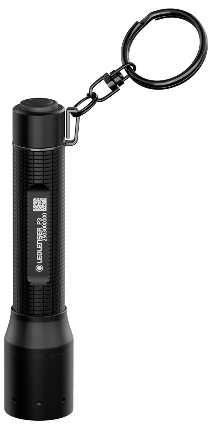 Eine schwarze Taschenlampen-Schlüsselanhänger mit strukturiertem Griff und Schlaufenbefestigung, entwickelt für Mobilität und einfachen Zugang in dunklen Umgebungen.