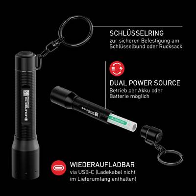 'Taschenlampe mit Schlüsselring, dualer Stromquelle (Akku/Batterie), USB-C wiederaufladbar. Text: Schlüsselring, Dual Power Source, Wiederaufladbar.'