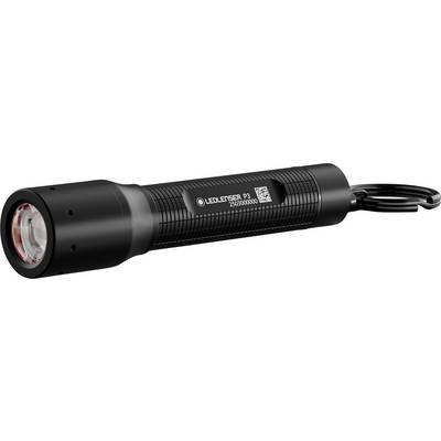 Eine schwarze zylindrische LED-Taschenlampe mit strukturiertem Griff und einer Schlaufe am Ende zum Aufhängen.