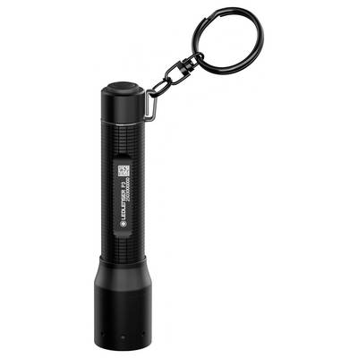 Eine schwarze LED-Taschenlampe am Schlüsselanhänger mit strukturiertem Griff und angebrachtem Schlüsselring. Sie ist kompakt und zylindrisch geformt.