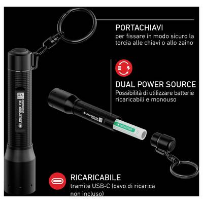 Schlüsselanhänger zum Befestigen an Schlüsseln oder Rucksack. Doppelte Stromquelle, kompatibel mit aufladbaren oder Einwegbatterien. USB-C aufladbar (Kabel nicht im Lieferumfang enthalten).