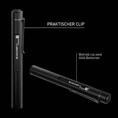 Schwarzer Taschenlampe-Stift mit Clip, betrieben durch zwei AAA-Batterien. Text: 'Praktischer Clip'.