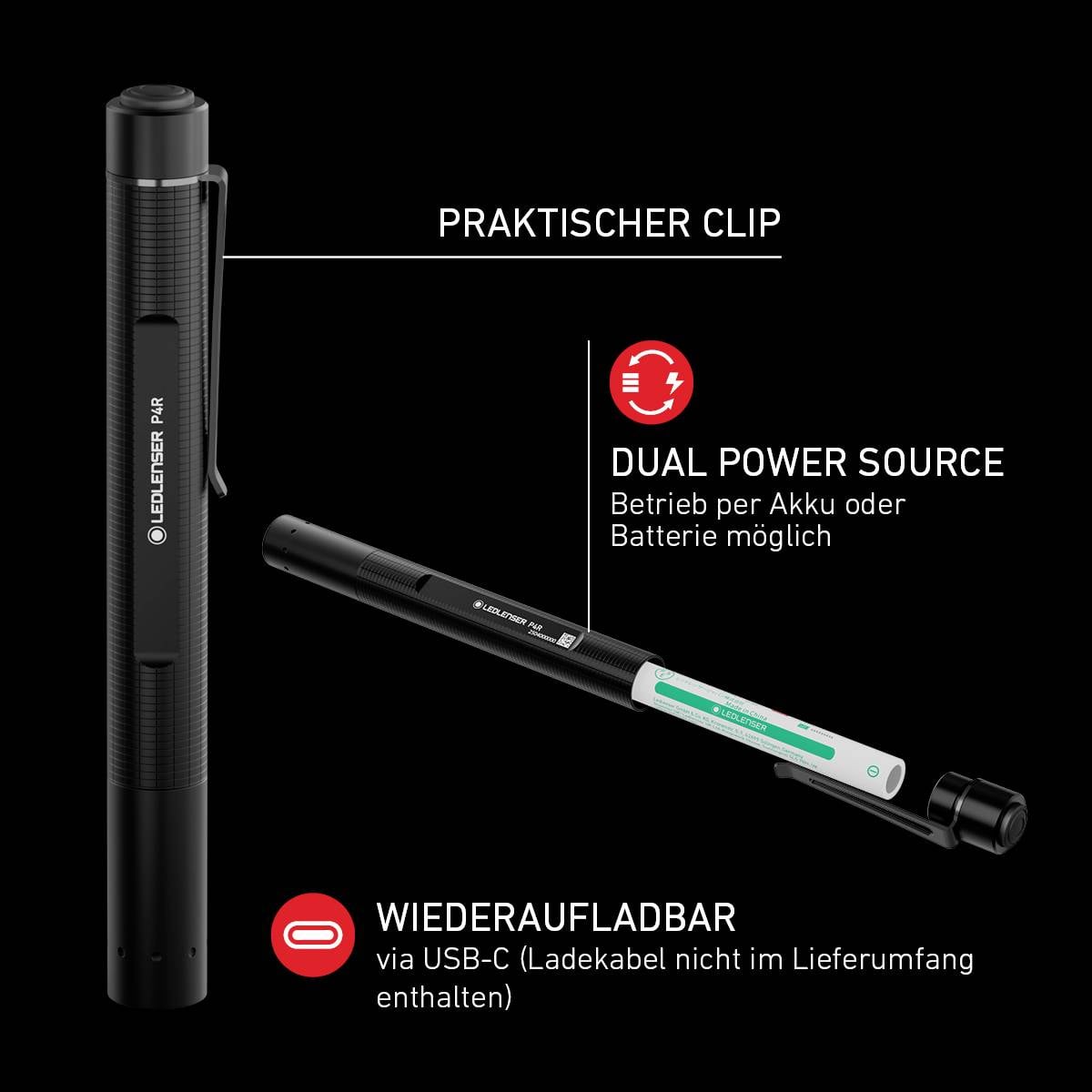 Präsentiert wird eine wiederaufladbare LED-Stiftlampe mit praktischem Clip, die sowohl mit Akku als auch Batterie betrieben werden kann.