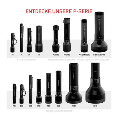 'Taschenlampen der P-Serie in verschiedenen Größen und Modellen, darunter P3, P5R und P18R. Jede hat unterschiedliche Funktionen.'