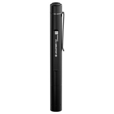 Eine kompakte schwarze Taschenlampe mit Clip, der Marke 'Ledlenser' und der Kennung 'i4R', die für mobile Nutzung konzipiert ist.