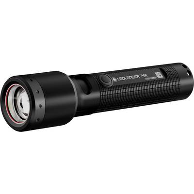 Schwarze LED-Taschenlampe mit der Aufschrift 'LEDLENSER P5R' an der Seite, ausgestattet mit einem strukturierten Griff und einer großen Linse an der Vorderseite.