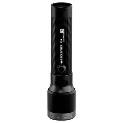 Eine schwarze Taschenlampe mit gerilltem Griff, beschriftet mit 'LEDLENSER P6R'. Ausgestattet mit einem kreisrunden Knopf und einem QR-Code über der Beschriftung.