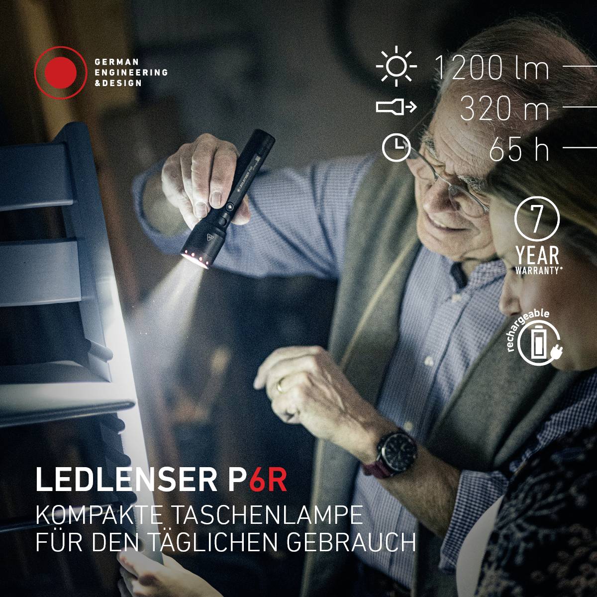 Älteres Paar in Arbeitskleidung inspiziert eine Taschenlampe. Text: 'LEDLENSER P6R, kompakte Taschenlampe für den täglichen Gebrauch'.