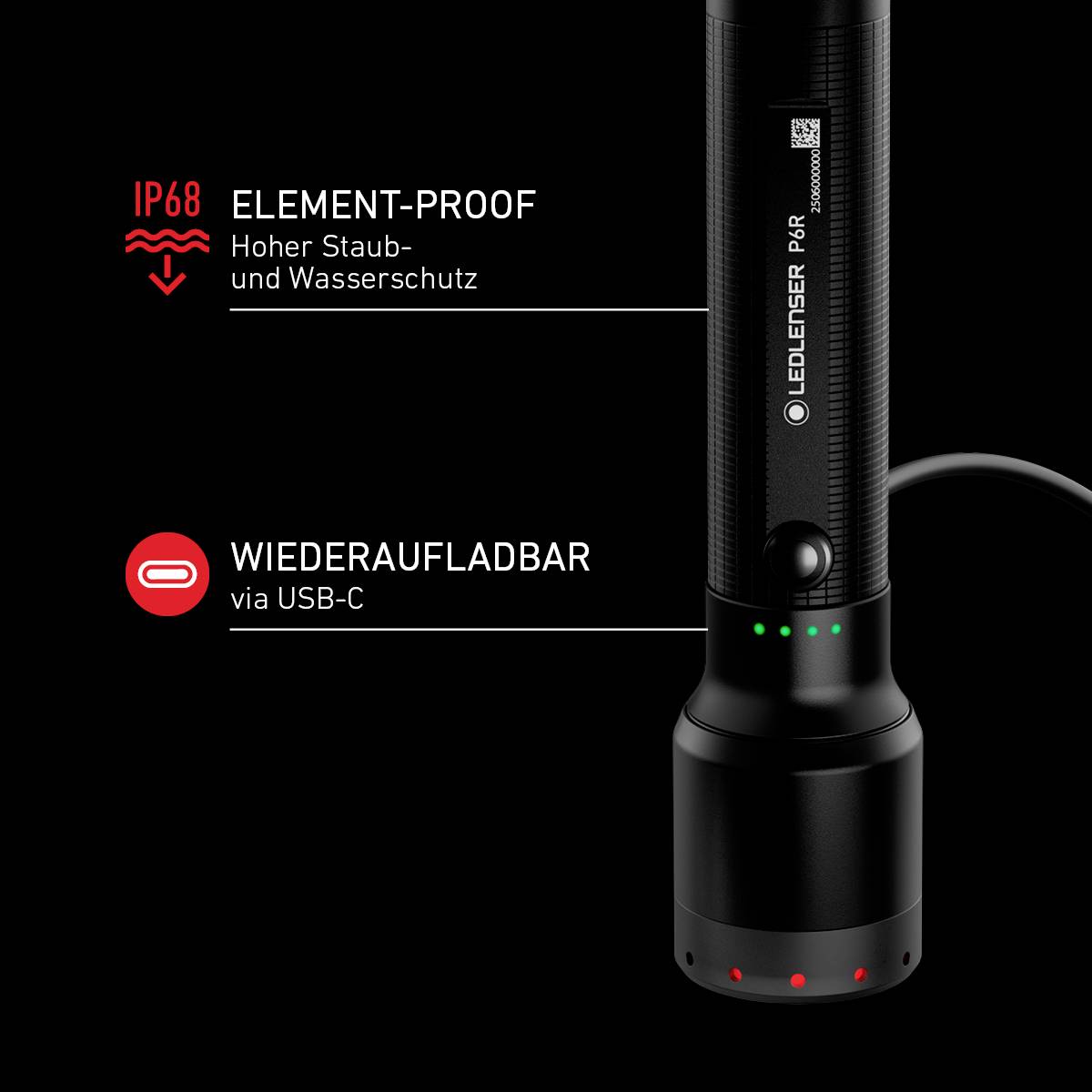 Taschenlampe mit IP68 Schutz gegen Staub und Wasser. Wiederaufladbar via USB-C.