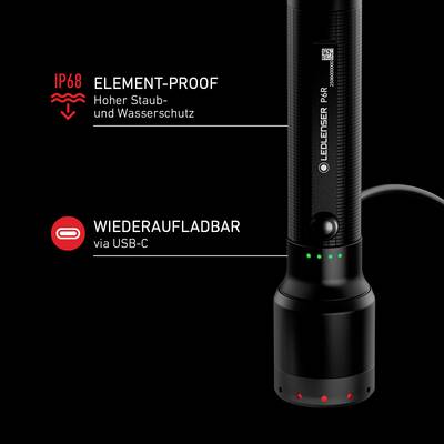 Taschenlampe mit IP68 Schutz gegen Staub und Wasser. Wiederaufladbar via USB-C.