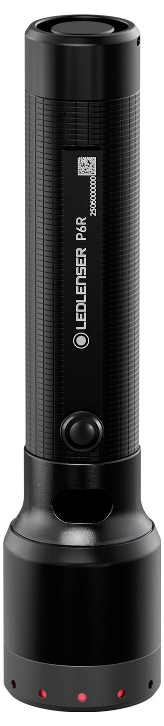 Eine schwarze LED-Taschenlampe, die aufrecht steht, mit einem zylindrischen Körper, einer strukturierten Griffoberfläche und einer Reihe kleiner roter Lichter an der Basis.