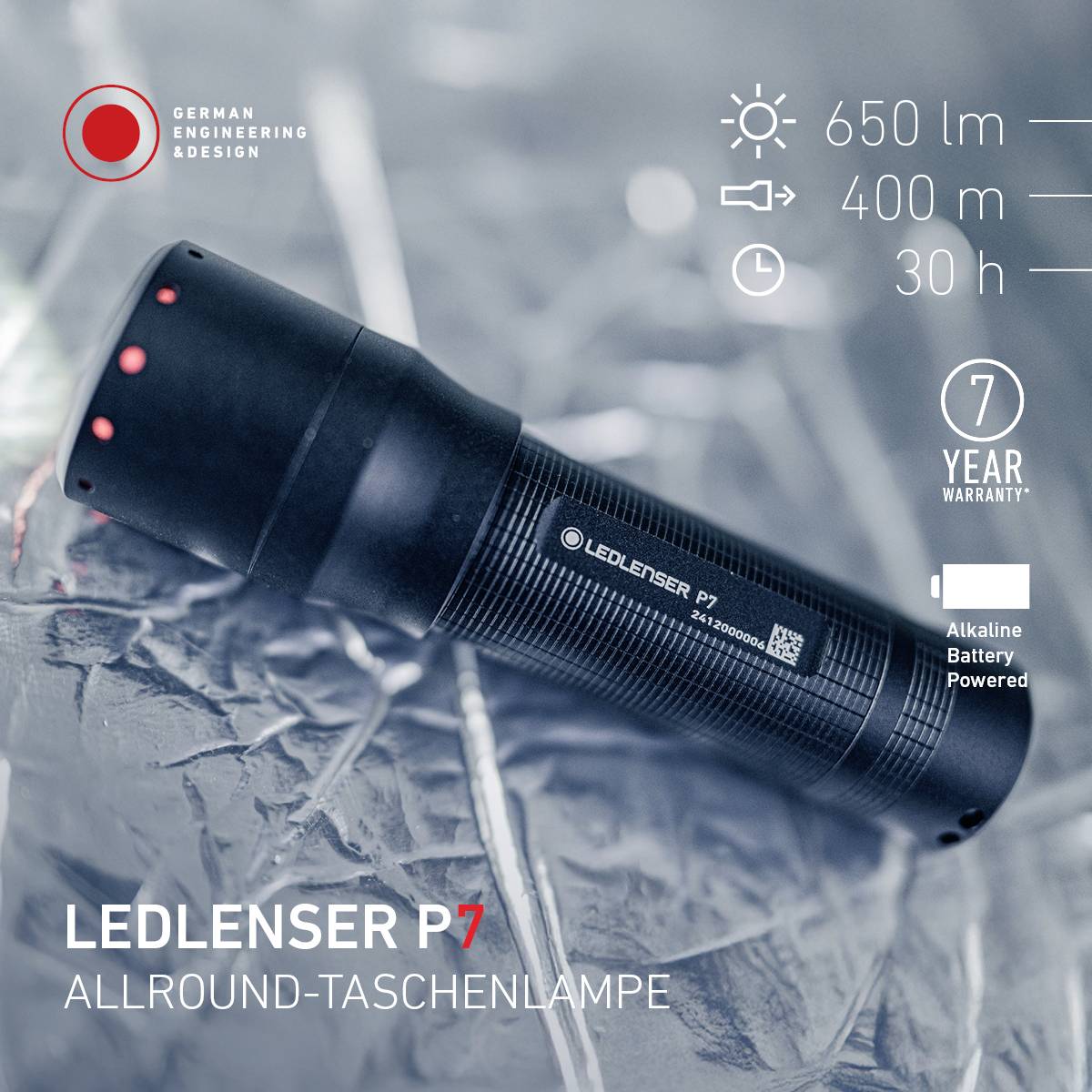 LED-Taschenlampe Ledlenser P7, schwarz, mit 650 Lumen, Reichweite 300 m, 7 Stunden Laufzeit, 7 Jahre Garantie, Batterie betrieben.