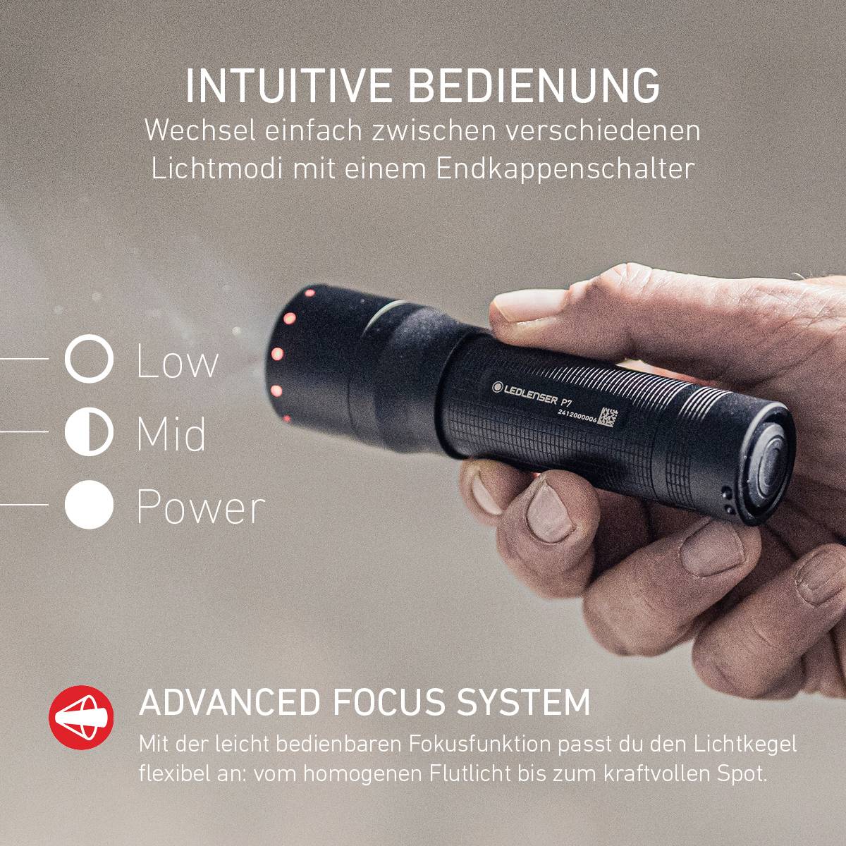 Hand hält eine Taschenlampe mit drei Lichtmodi: Low, Mid, Power. Text beschreibt 'Intuitive Bedienung' und 'Advanced Focus System'.