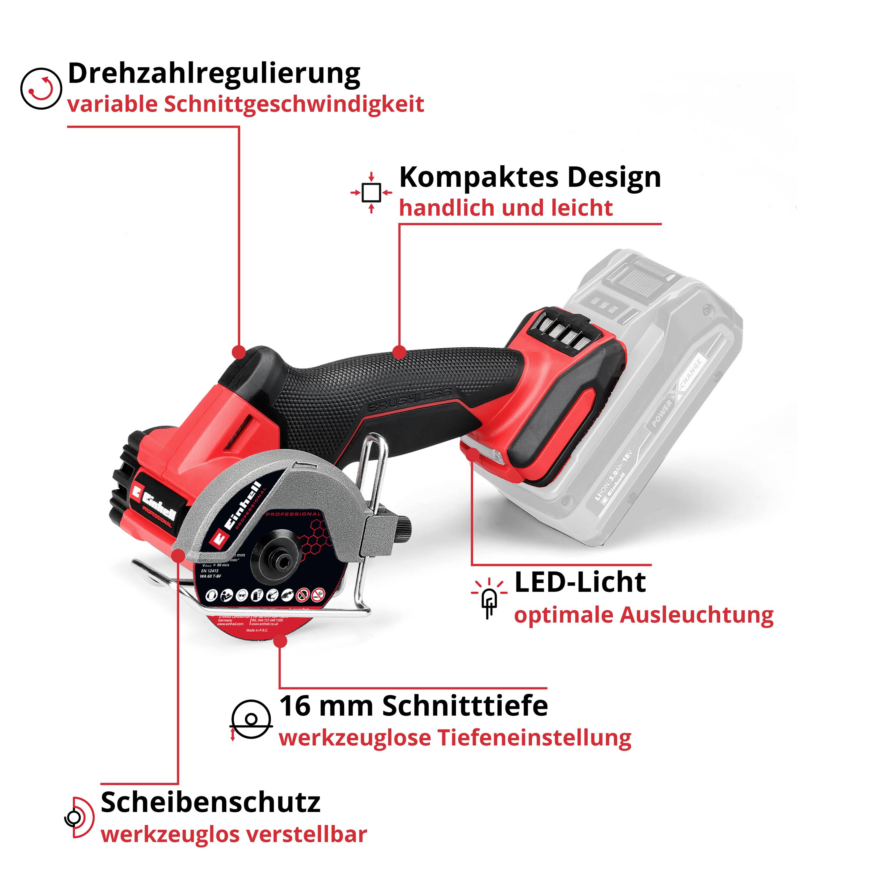 'Akkubetriebene Handkreissäge mit variabler Drehzahl, kompaktem Design und LED-Ausleuchtung, ermöglicht präzise Schnitte.'
