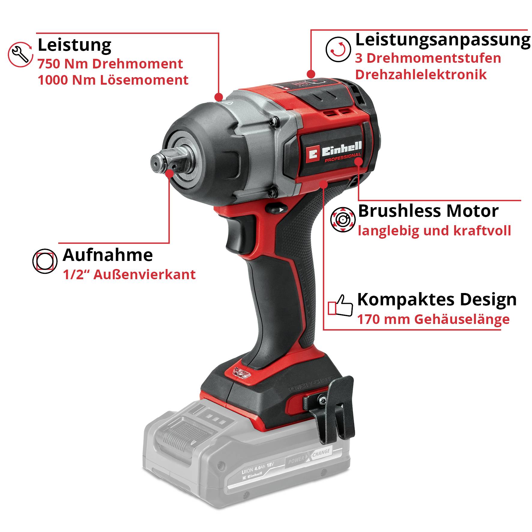 Einhell Professional TP-CW 18/750-C Li BL - Solo 4510065 Akku-Schlagschrauber 750 Nm Anzahl mitgelieferte Akkus 0-3