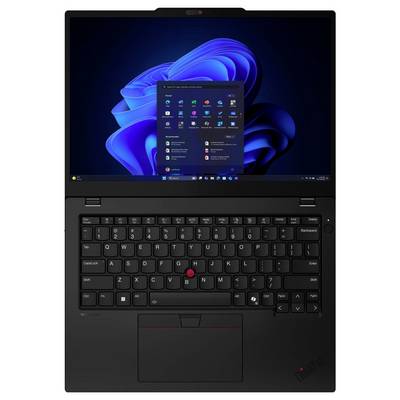 Ein schwarzer Laptop, der das Windows 11 Startmenü auf seinem Bildschirm zeigt, mit Apps und Einstellungen über einem blauen abstrakten Hintergrund.