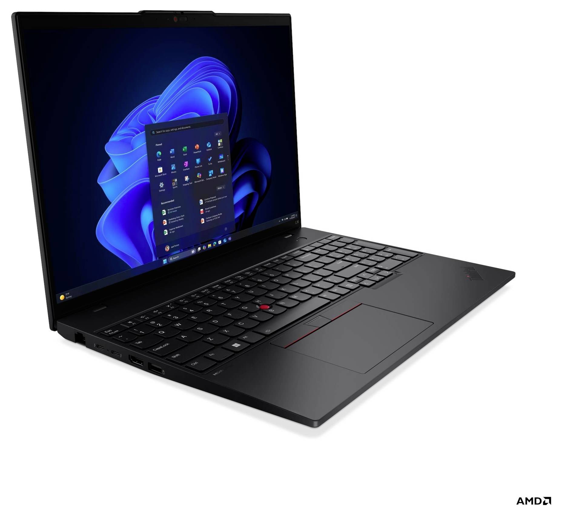 Ein schwarzer Laptop, der eine Windows-Betriebssystemoberfläche mit verschiedenen App-Symbolen auf dem Bildschirm zeigt, vor einem weißen Hintergrund.