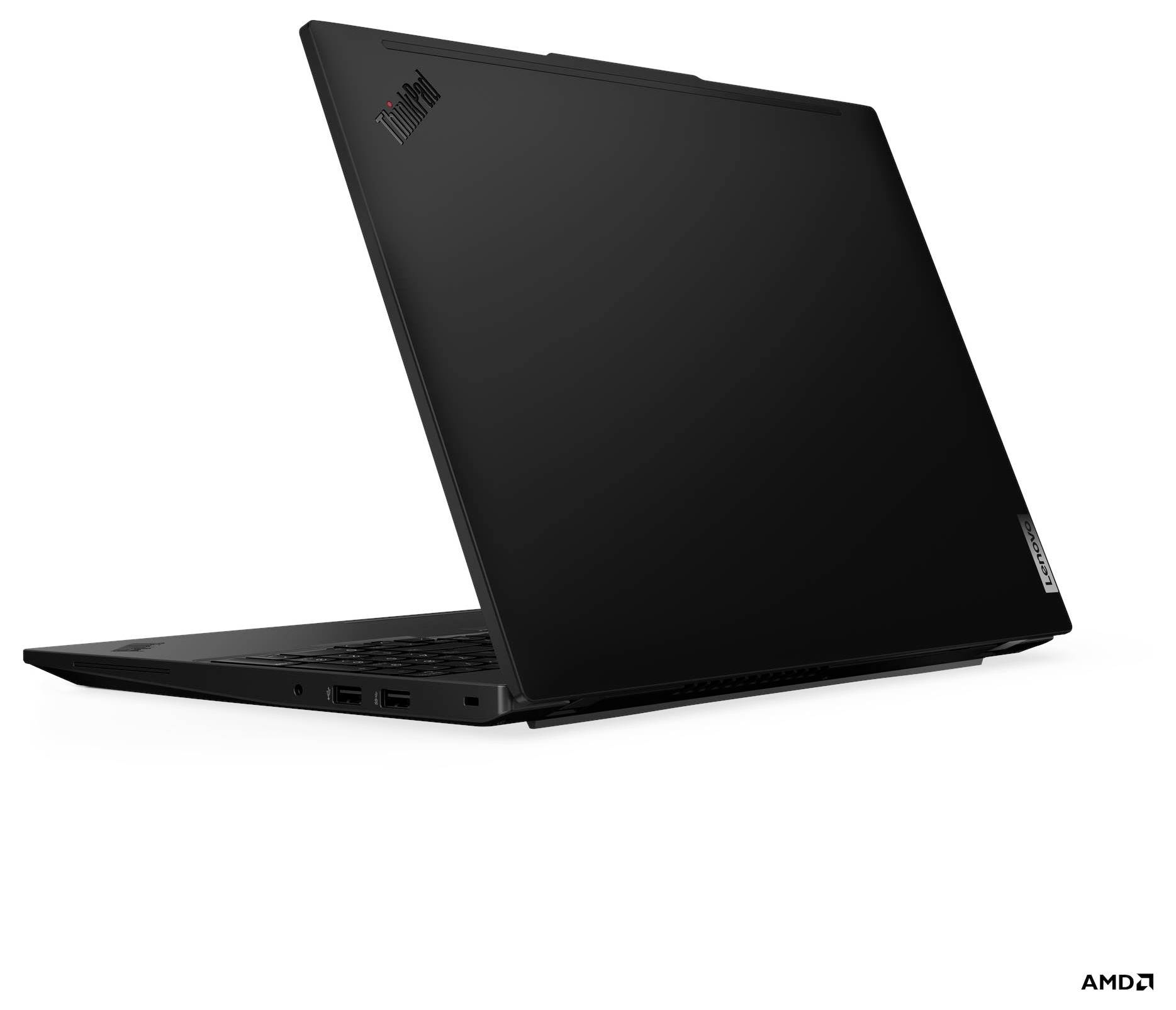 Ein schlanker schwarzer Laptop mit einem teilweise sichtbaren Lenovo-Logo. Das Gerät ist dünn und in einem Winkel positioniert, was sein Design betont.