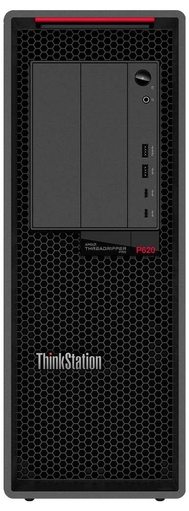 Ein schwarzer Desktop-Tower mit der Aufschrift "ThinkStation P620", versehen mit einem sechseckigen Mesh-Frontpanel, mehreren USB-Anschlüssen und einem Einschaltknopf.