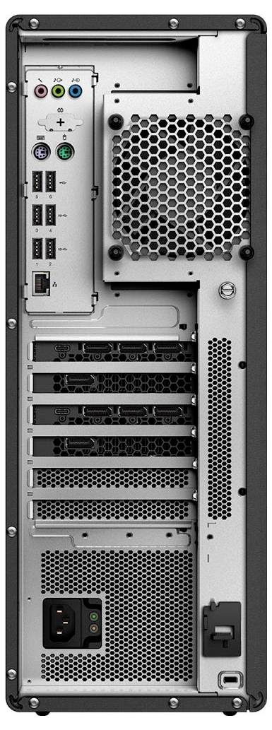 Rückansicht eines Computergehäuses mit Lüftungsschlitzen, mehreren USB-Anschlüssen, Audioports, Erweiterungssteckplätzen, Netzteileingang und Lüfter.