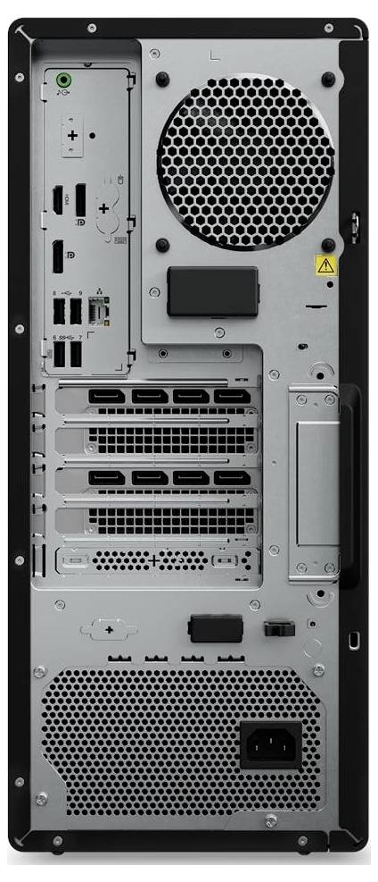 Die Rückseite eines Desktop-Computers mit verschiedenen Anschlüssen, Steckern, Erweiterungssteckplätzen und einem Kühlventilator.