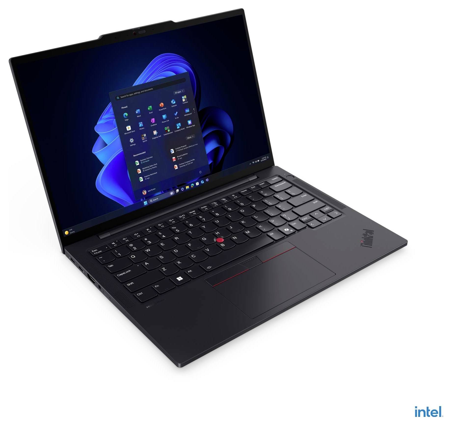 Ein schlanker schwarzer Laptop mit einem Display, auf dem der Windows 11 Startbildschirm zu sehen ist, mit einer Tastatur, die einen roten Trackpoint besitzt.