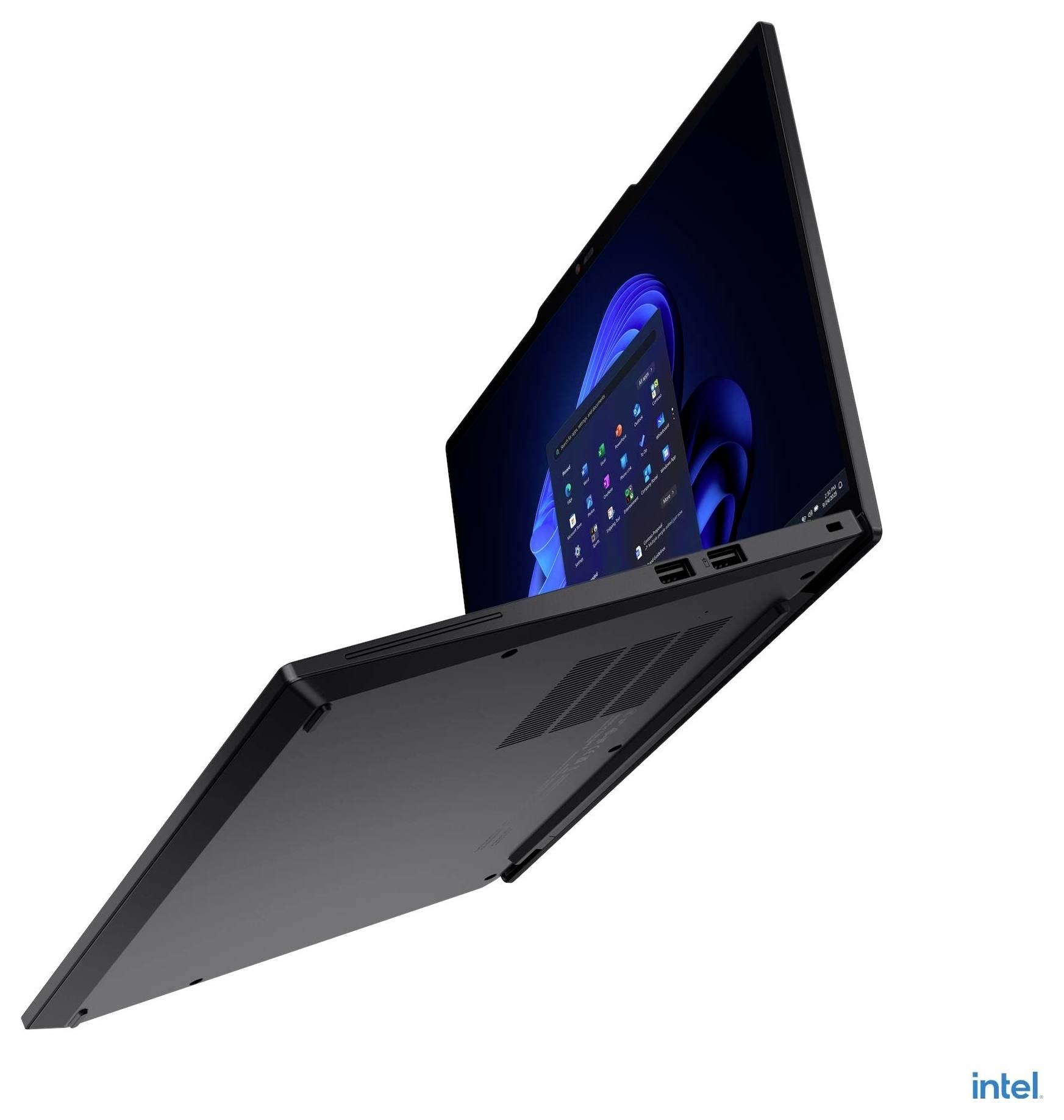 Ein schlanker, dünner Laptop mit dunkler Außenseite, von einem Winkel aus positioniert, der den Bildschirm mit einer Windows-Oberfläche zeigt. Das Intel-Logo befindet sich in der Ecke.