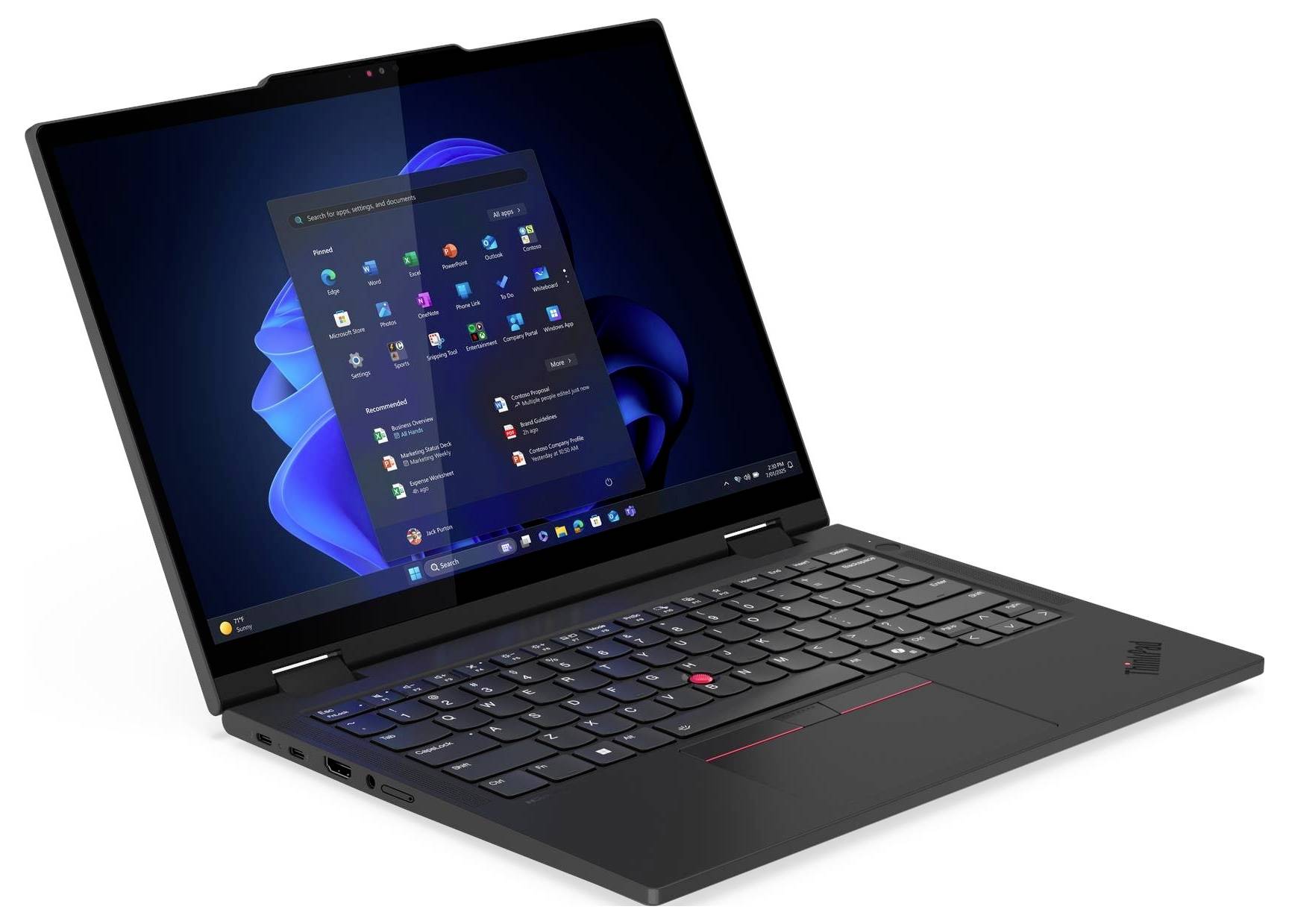 Ein schwarzer Laptop, der das Windows 11 Startmenü auf seinem Bildschirm anzeigt, mit sichtbaren App-Icons, von einem Winkel aus auf weißem Hintergrund betrachtet.
