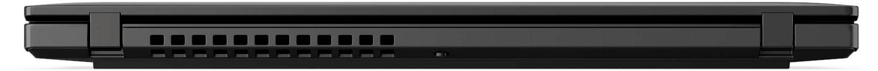 Ein geschlossener schwarzer Laptop, von der Seite gezeigt, mit sichtbarer Lüftungsöffnung für die Luftzirkulation.