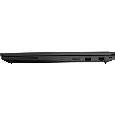 Geschlossener schwarzer Laptop von der Seite, der Anschlüsse und den optischen Laufwerkssteckplatz zeigt.