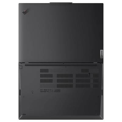 Rückansicht eines Lenovo ThinkPad Laptops, die Lüftungsschlitze und Branding auf einem geschlossenen, eleganten Design zeigt.
