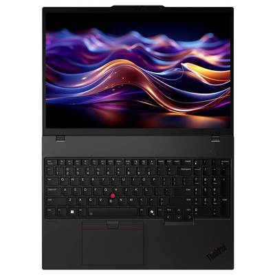 Ein Laptop mit einem bunten, gewellten Muster auf dem Bildschirm, ausgestattet mit einer schwarzen Tastatur und einem roten Trackpoint.