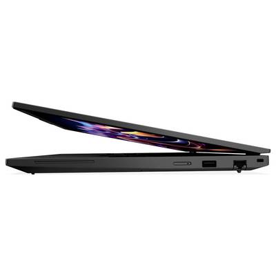 Ein teilweise geöffneter Laptop, Seitenansicht, der ein dünnes, elegantes Design mit einem sichtbaren, bunten Bildschirm zeigt, auf dem abstrakte Grafiken zu sehen sind.