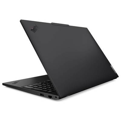 Ein schlankes, teilweise geöffnetes schwarzes Laptop, von der hinteren Ecke aus betrachtet, mit sichtbarem Markenlogo. Die Tastatur und Anschlüsse sind leicht zu erkennen.
