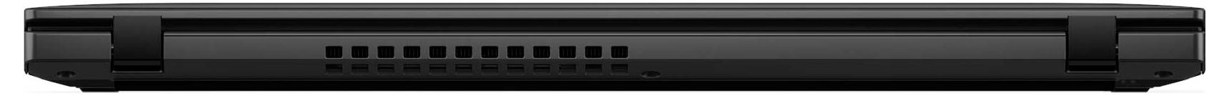 Geschlossener schwarzer Laptop, von hinten betrachtet, mit sichtbaren Lüftungsschlitzen.