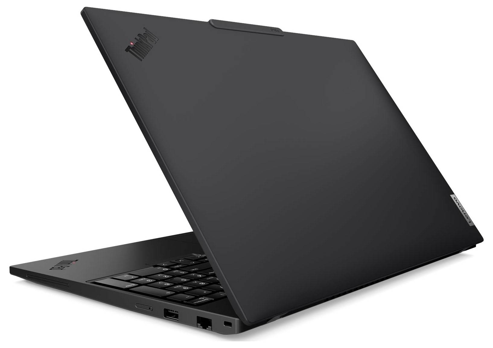 Ein schlankes, schwarzes Laptop, das teilweise geöffnet ist und sein dünnes Design sowie die sichtbare Tastatur zeigt, mit einem dezenten Logo auf der Oberseite.