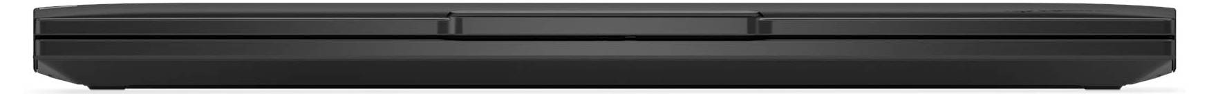 Ein schwarzer, geschlossener Laptop, von vorne betrachtet, der sein dünnes Profil und sein elegantes Design zeigt.